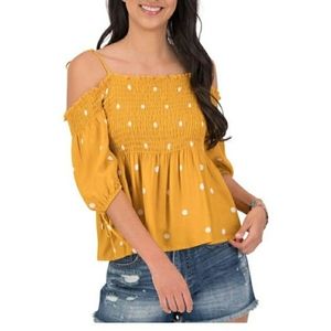 Aeropostale Women's Off the Shoulder Top Small Yellow Polka Dot Shirt